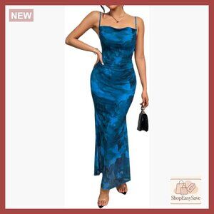 Printed Maxi Dress Spaghetti Strap Bodycon Ruched Cocktail Mesh Layered